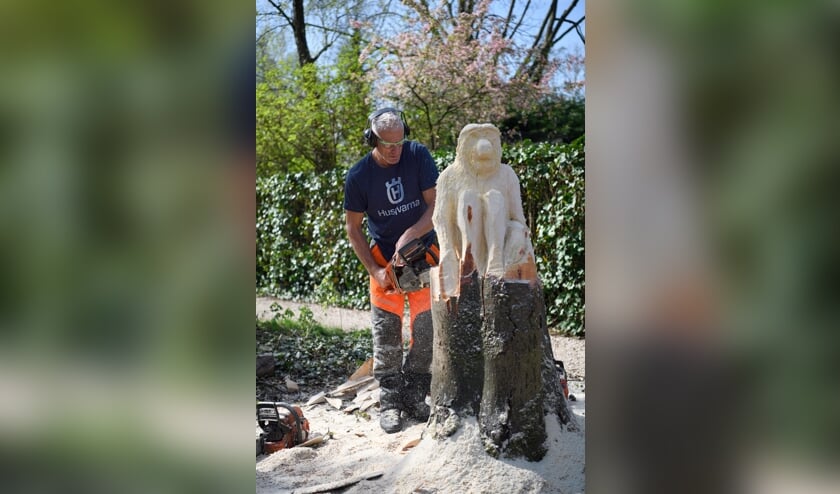 Kettingzaagkunstenaar maakt neusaap uit kastanjeboom