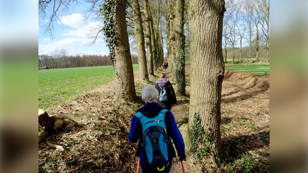 wandelaars op de terugweg van de abdij bij een eerdere wandeling