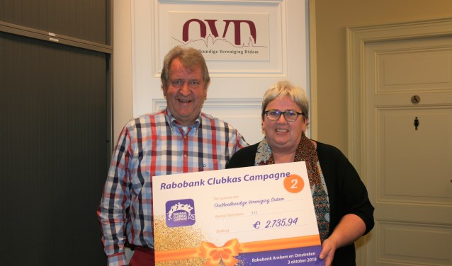 Theo te Wil en Maria Wigman van Oudheidkundige Vereniging Didam met de cheque. Foto: Susan Wiendels