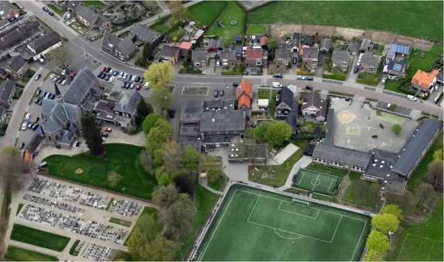 Het hart van Loil, met vanaf links de kerk, de pastorie, de Zomp en de St. Jozefschool. Foto: PR