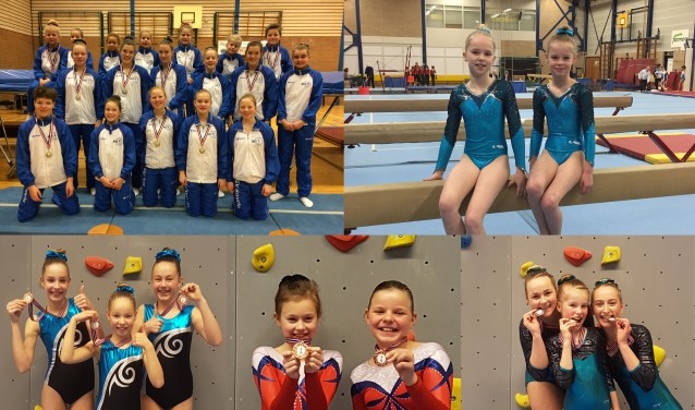 Links boven: De Trampolineselectie C/D/E-Niveau Rechts boven: Noya Boomkamp & Frederike Klein Bluemink Links onder: Ella Schoppers, Ise Bongers & Isa van Trigt - 3e Midden onder: Tessel Aaftink & Eva Wystrach - 3e Rechts onder: Ruth Harmens, Inge Stapelbroek & Juliët Engelberts - 2e. Foto: PR RGV