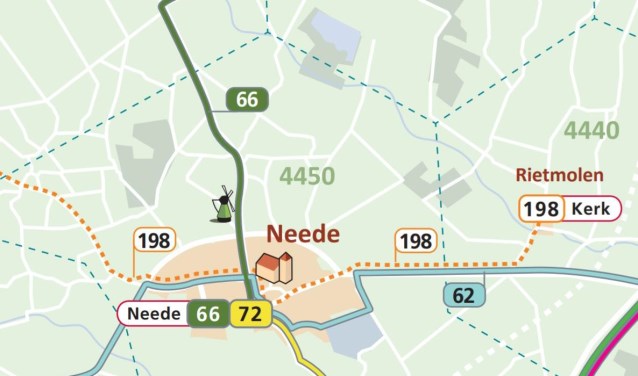 Tijdelijke route lijn 66 van en naar Neede via paarse lijn en in Neede route lijn 62 volgen. Afbeelding: PR Provincie Gelderland