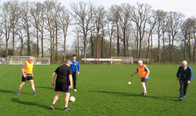 De senioren die meedoen aan de demo walking voetbal, hebben zich vorige week onder leiding van Tom de Reus (blauw shirt) en Gijs ten Brinke voorbereid. Foto: Bart Kraan