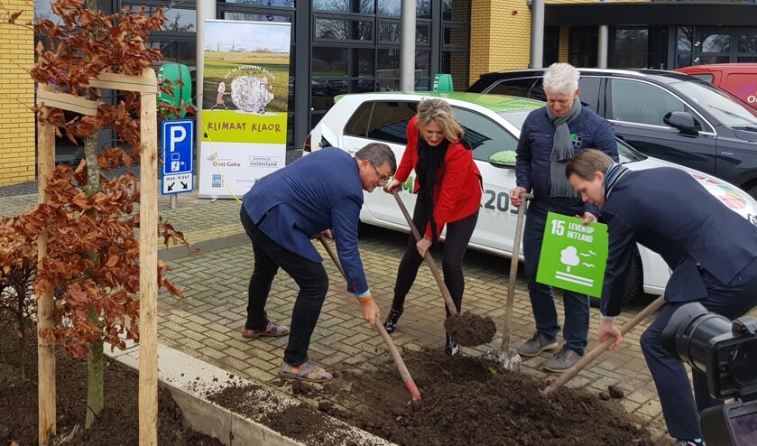 De aanplant van 1 van de 3 klimaatbomen bij Dusseldorp ISM. Van links naar rechts Rentmeester Maurice Beijk en Karin Rog (Dusseldorp ISM), Henk Adema (Bomenwacht Oost Gelre) en wethouder Bart Porskamp.Foto: PR