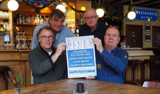 De Westendorp Bluesnight-organisatie (vlnr Henk Beunk, Chris Snijders, Han Nijman en Gert Lovink). Foto: PR