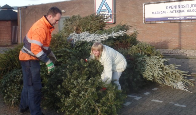 Ook individueel brachten kinderen de kerstbomen naar de Ruurlose inzamellocatie. Foto: Jan Hendriksen