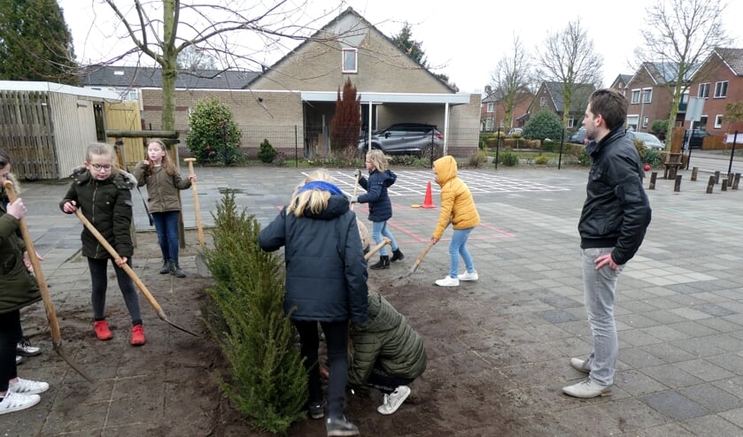 Wethouder Hofman kijkt toe hoe leerlingen van 't Loo in Zelhem hun schoolterrein vergroenen. Foto: Dick van Hoffen