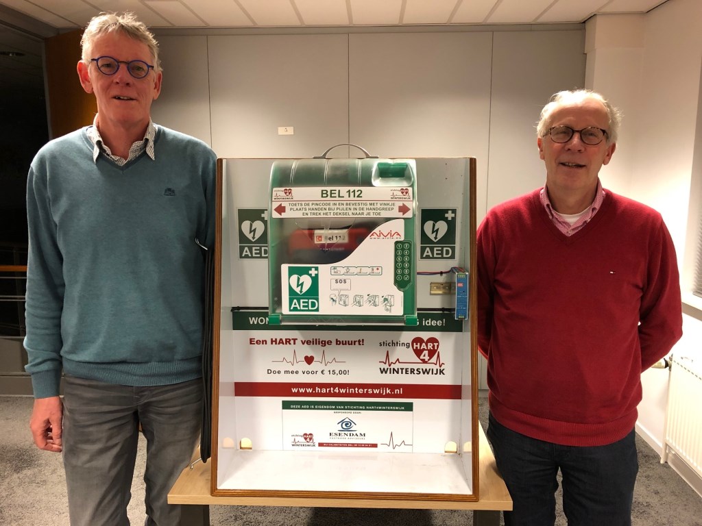 Hans Demkes (links) en Hans van der Meij bij de les demonstratie AED-kast. Foto: PR