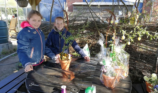 De leerlingen Zuzanna (l) en Britt maken de bloemstukjes voor de wijk klaar. Foto: Rob Weeber