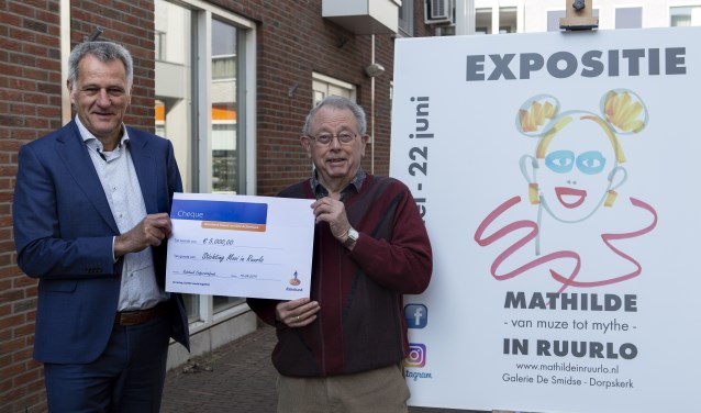 Laurens Stapelbroek van Rabobank Noord- en Oost-Achterhoek overhandigt een cheque ter waarde van vijfduizend euro aan Joop Huisman voor de deur van galerie De Smidse. Foto: PR