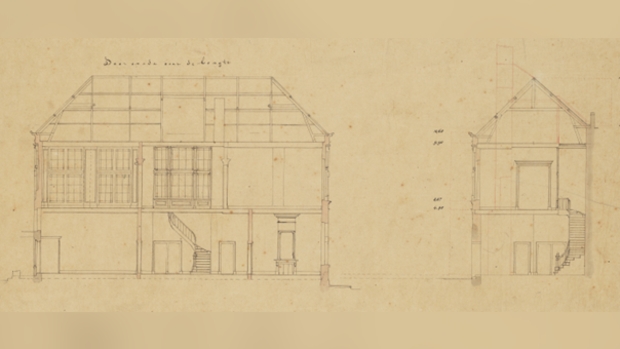 tekening van gebouw door D.J. Itz, tussen 1860 en 1877