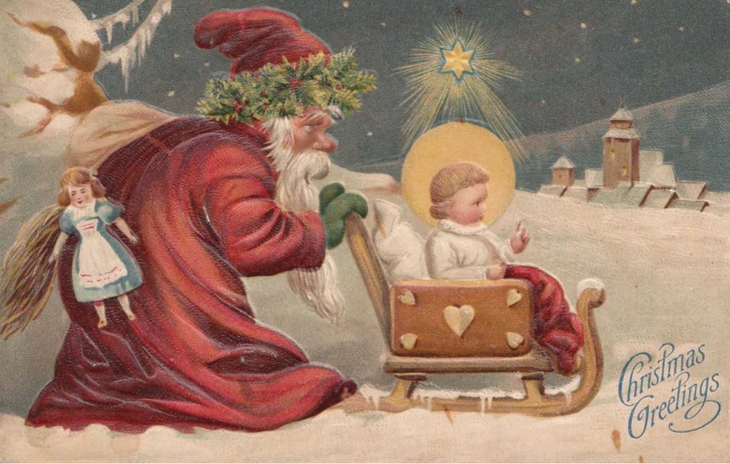 Duitse kerstkaart in reliëf van de kerstman met het Kerskind, gedrukt rond 1905 en bestemd voor de Engelse markt.