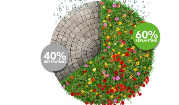 De juiste verhouding zou moeten zijn, 40% bestrating en 60% beplanting.