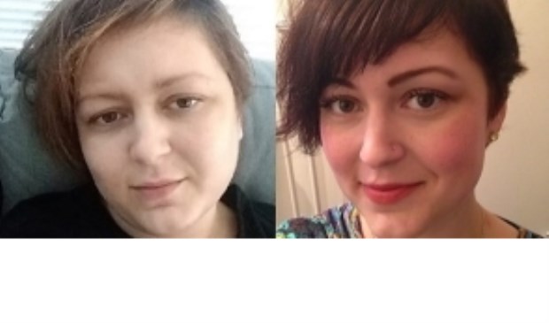 Links een foto van Elisah nu, uitgeput en ziek. Rechts een foto van Elisah vroeger.