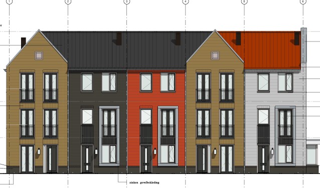 Voorgevel blok c: een massaal straatfront en niet zoals afgesproken volgens de Vrienden.