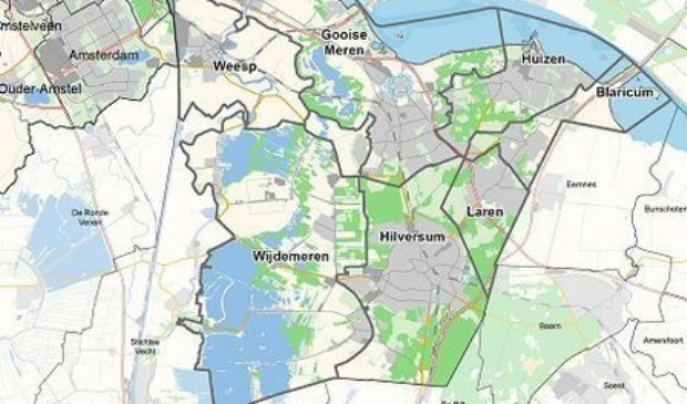Kaart van de huidige bestuurlijke indeling van de regio.