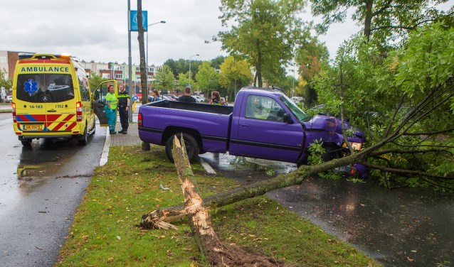 De bestuurder van de truck reed de boom finaal uit de grond.