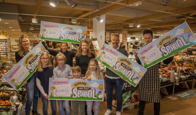 Vertegenwoordigers van de scholen nemen de cheque in ontvangst.