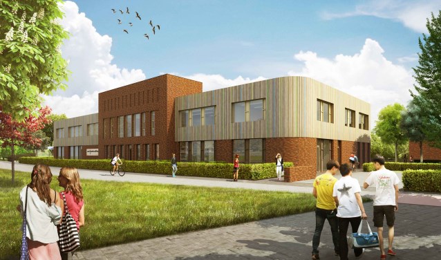 De voorkant van het nieuwe schoolgebouw.