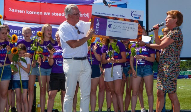 Voorzitter Evert van der Roest toont samen met Maartje van Weegen de cheque met de totale opbrengst.