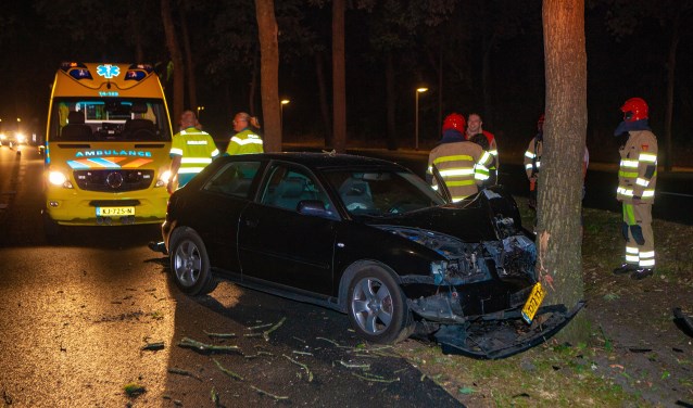 De auto belandde tegen een boom naast de weg.