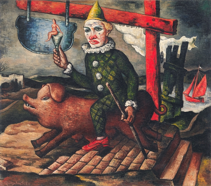 Quirijn van Tiel, Clown op varken en zee, 1939, Olieverf op doek, 85 x 95 cm. 