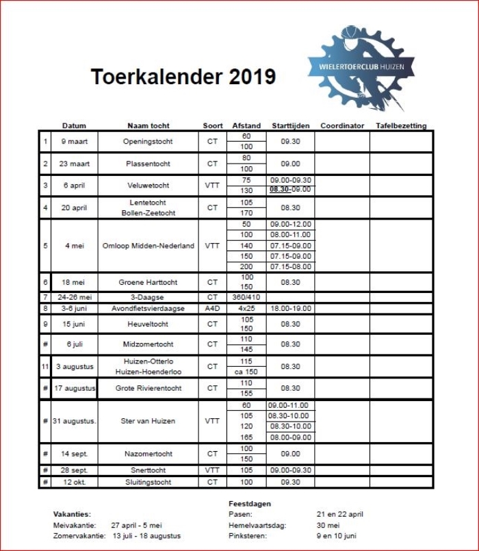 Toerkalender 2019