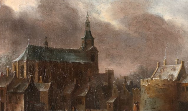 Een detail van het 17e eeuwse werk: de toren van de Grote Kerk.