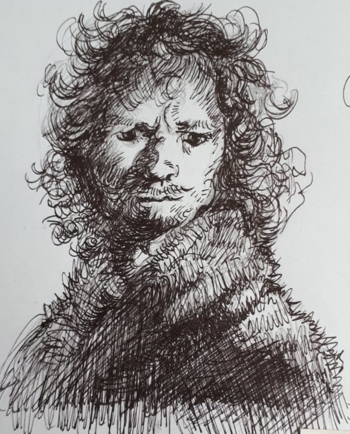 poster van expositie 'de late Rembrandt' . Een schets in oostindische inkt naar een ets van Rembrandt door Ineke Gnodde-Bruijn, Atelier in het gras