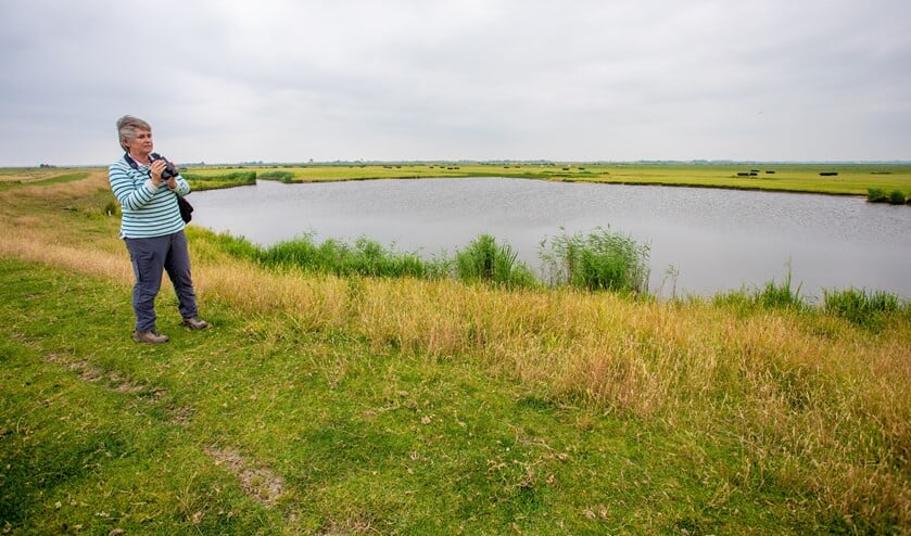 Nelleke Bary bij één van de waaien in het uitgestrekte weidevogelgebied in de Eempolder.