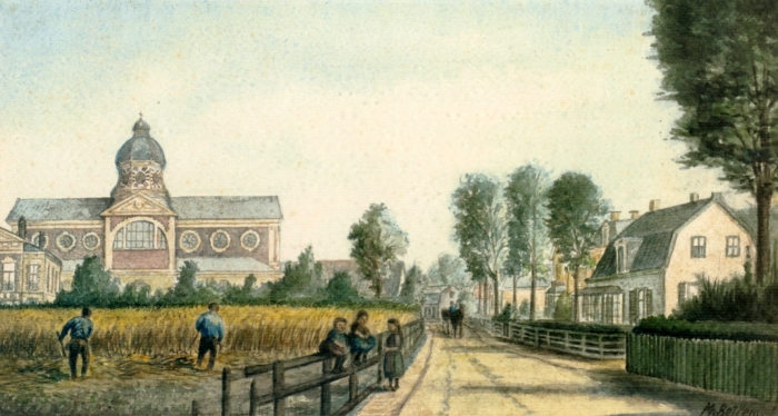 Kavel 222: Maarten Betlem (Zaandijk 1881-1957 Hilversum), Gezicht op het Melkpad met Oud-Katholieke Parochie Sint Vitus, aquarel, 44 x 24 cm. Opgenomen in de kunst en antiekveiling van 15 / 16 februari