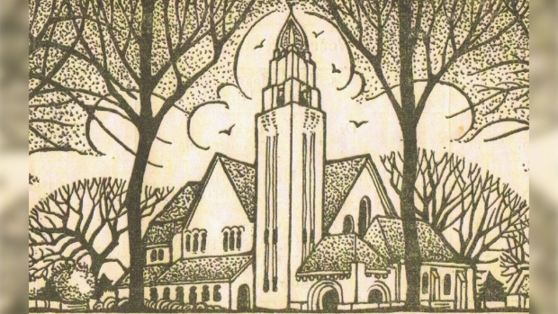 Spieghelkerk. tekening van Mia van Oostveen 1930.