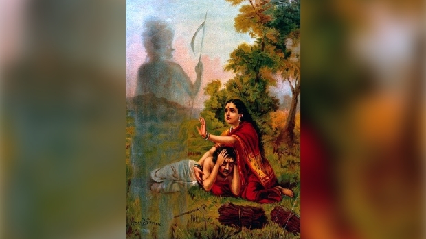 V0045106 Savitr&#299; pleading with Yama for her husband, Satya
Credit: Wellcome Library, London. Wellcome Images
images@wellcome.ac.uk
http://images.wellcome.ac.uk
Savitr&#299; pleading with Yama for her husband, Satyav&#257;n\'s life. Chromolithograph by R. Varma.
By: Ravi VarmaPublished:  - 

Copyrighted work available under Creative Commons by-nc 2.0 UK, see http://images.wellcome.ac.uk/indexplus/page/Prices.html