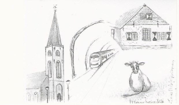 Tijdens de lezing van Theo Schouten ging het gesprek o.a. over deze tekening van Aukje Huisman in Maartensdijk met herkenbare objecten uit deze gemeente. Belangstellenden voor een afdruk op brief briefkaartformaat kunnen contact opnemen met Koos Kolenbrander, tel. 0346 211675, of e-mail kooskolenbrander@casema.nl.