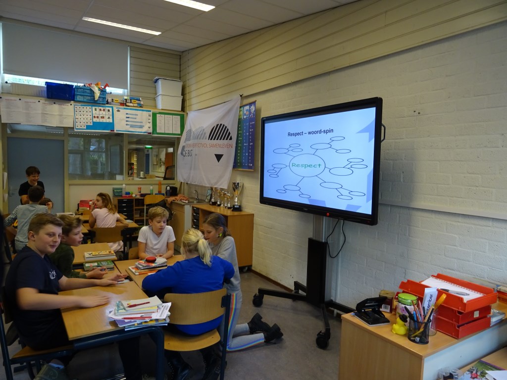 De leerlingen dachten in groepjes na over het onderwerp Respect. De vorm waarin de woord-spin moest worden uitgevoerd werd op het elektronische bord getoond.