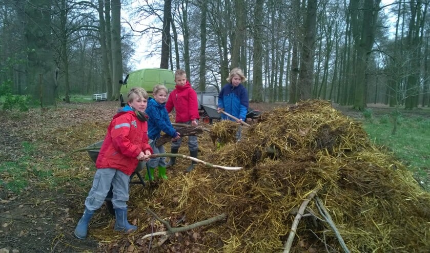 Kinderen zijn druk in de weer met de broeihoop.