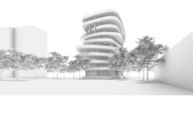 Een gedurfde schets van een appartementengebouw langs de Biltse Rading. (impressie woontoren door Natrufied Architecture)