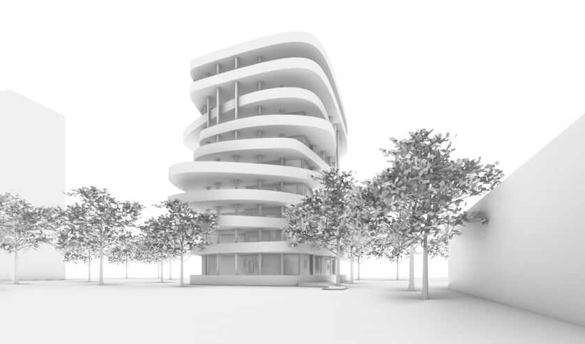 Een gedurfde schets van een appartementengebouw langs de Biltse Rading. (impressie woontoren door Natrufied Architecture)