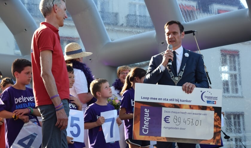 Burgemeester Sjoerd Potters reikt de cheque uit. Later blijkt nog eens 2.500 euro bij het eindbedrag te komen.