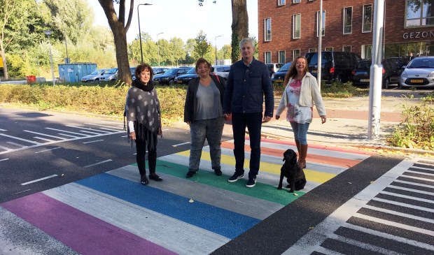• Fractieleden van de VVD op het net aangelegde regenboogzebrapad.