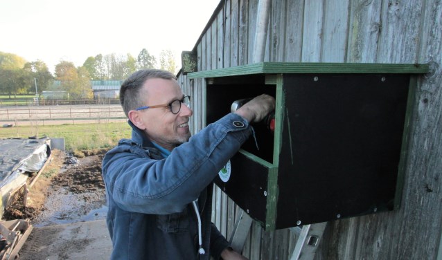 • Jaap Jan van Leeuwenburgh hangt een nestkast op voor de torenvalk.