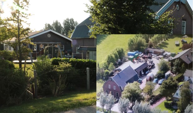 De nieuwe schuur aan de Minkeloos. Inzetfoto: de oude situatie in vogelvlucht.
