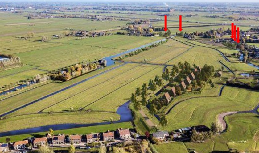 • De rode pijlen geven aan waar de woningen zouden moeten komen.