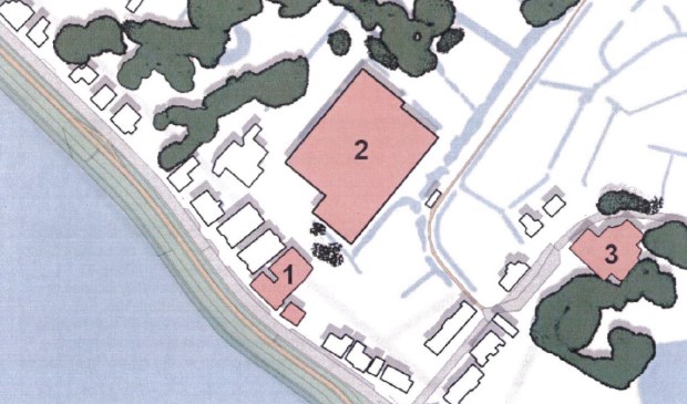• Een schets van de drie locaties: 1. Wooncentrum Baas, 2. kassen Jonker en 3. voormalige wasserette.
