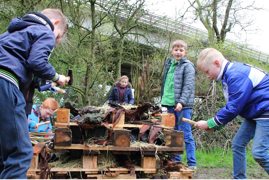 • Kinderen bezig met het maken van een insectenhotel bij Scouting Van Brederode.