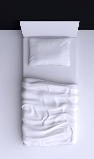 Bed with pillow and blanket in the corner room, 3d illustration. Top view.