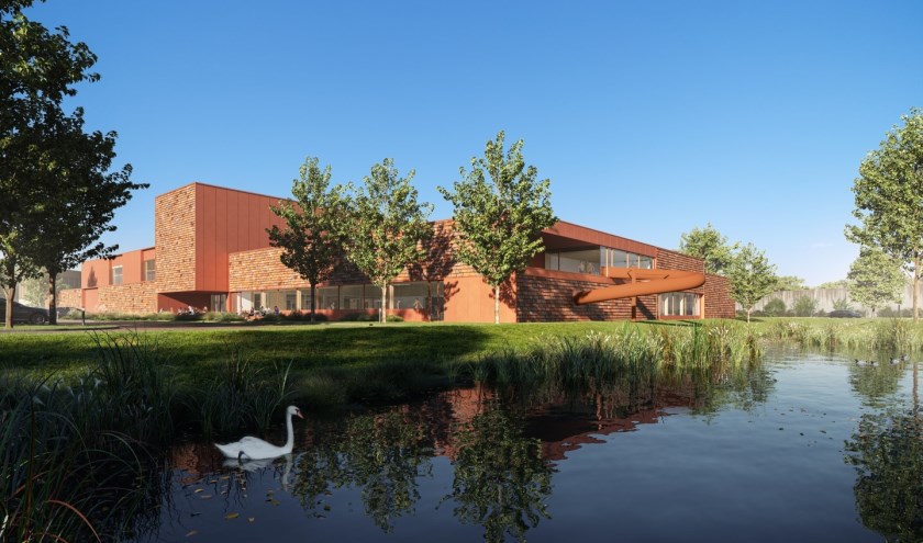 • De achterkant van het nieuwe complex, gezien vanaf de Hogeweg. Te zien is onder andere de glijbaan.