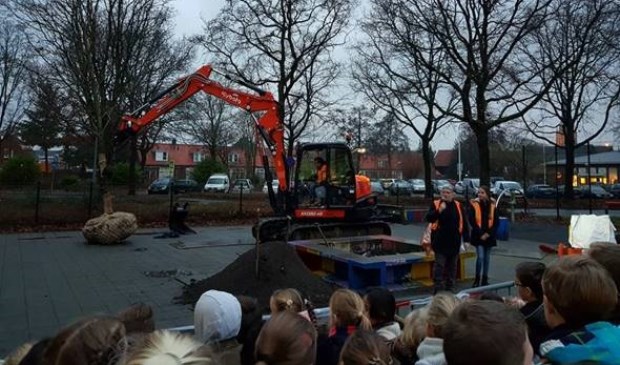 De kinderen van de Gevers kozen massaal voor een Oosterse plataan voor het schoolplein. Vanmorgen werd de boom geplaatst. Foto: gemeente Voorschoten