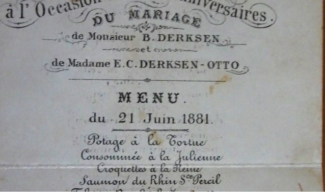 Het menu van de 25-jarige bruiloft van het echtpaar Derksen en Otto op 21 juni 1881.