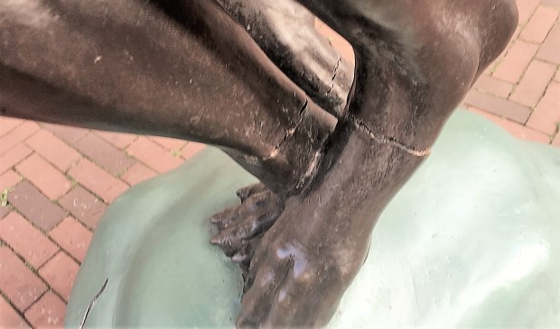 De doorgezaagde poten van het beeld van de hond (foto: Theo Middendorp).